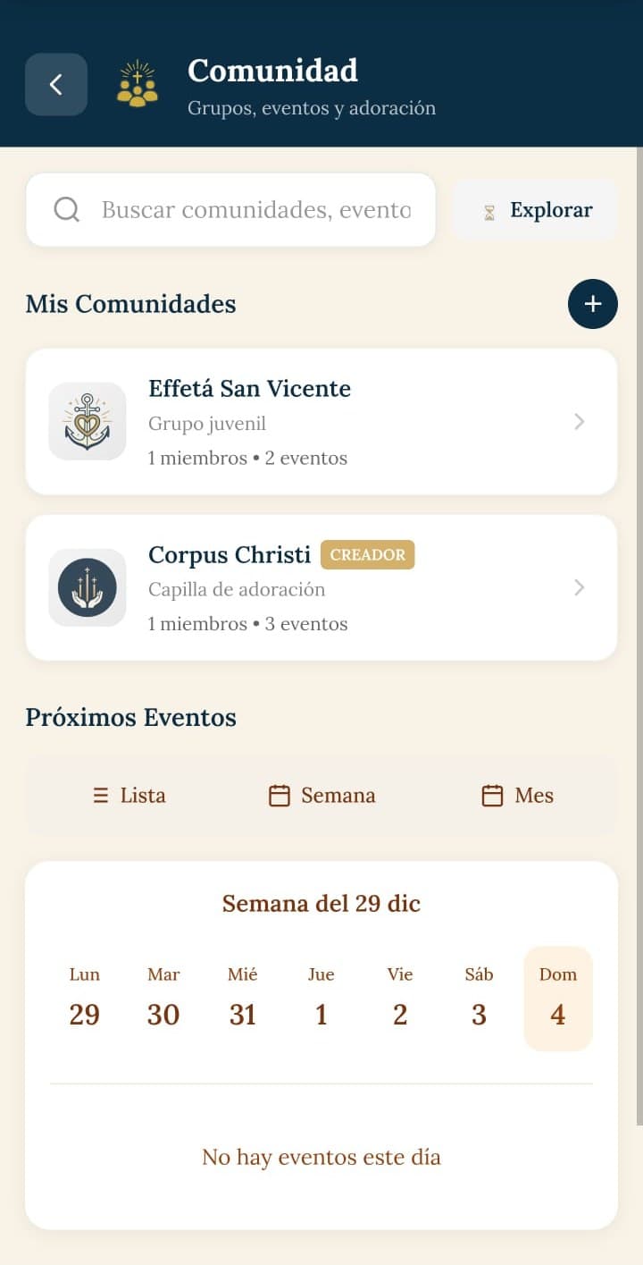 Pantalla de Comunidad de la app: buscador de comunidades, la lista Mis Comunidades con los grupos Effetá San Vicente y Corpus Christi, y el calendario semanal de próximos eventos.